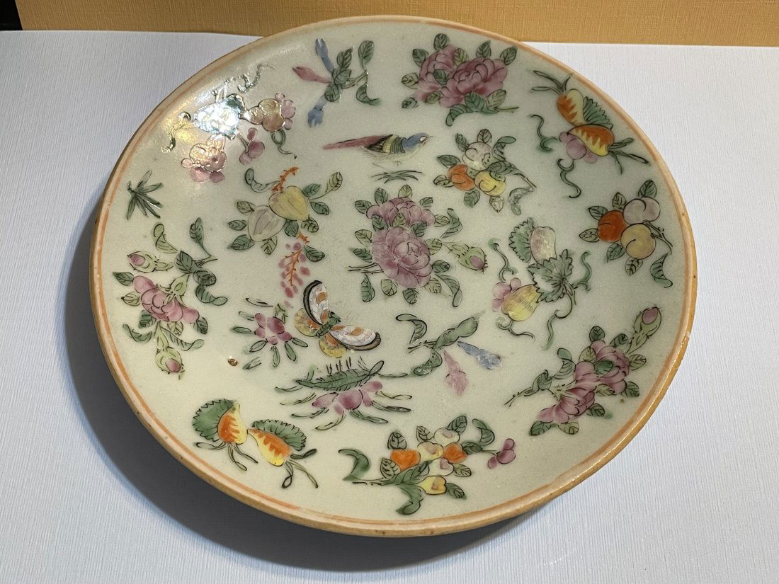 Scarce c1820 Chinese Celadon Glazed Porcelain Famille Rose Plate Hand Painted Bird & Butterfly (1 of 6)