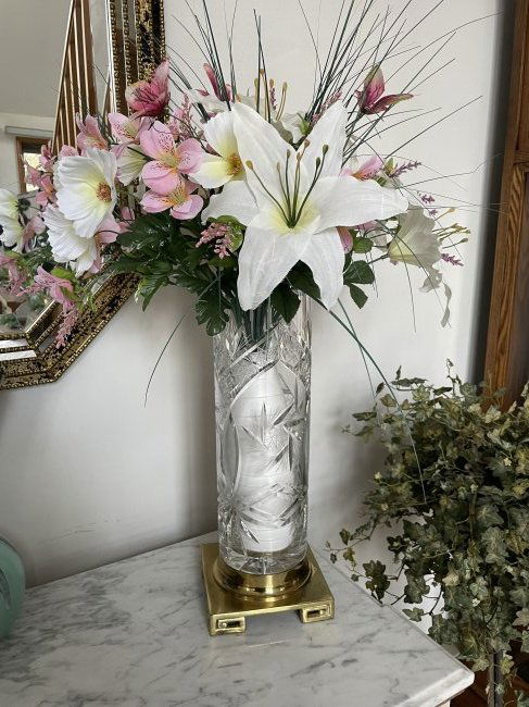 Superb Heavy Pinwheel Leaded Etched Crystal Vase 15.75" Tall w/Brass Base. w/Floral Arrangement (1 of 6)
