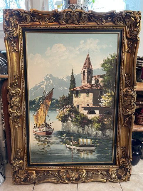 Noted Henri Berte' Signed Oil Painting on Canvas Mediterranean Village Scene. Frame Size 33" x 42" (1 of 11)
