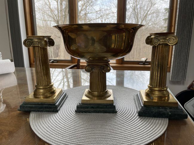 Vtg Andrea by Sadek Pair Solid Brass w/Malachite Base Candle Holders w/Matching Bowl (1 of 5)