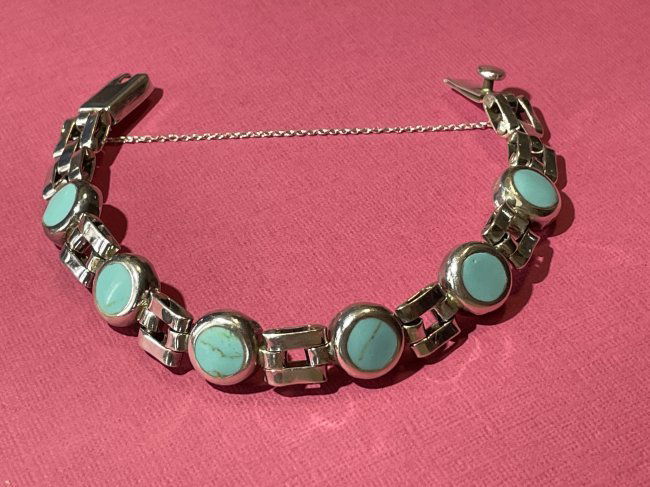 Vintage Ladies Heavy Sterling Silver Turquoise Bezel Set 7" Fancy Fashion Bracelet... (1 of 5)