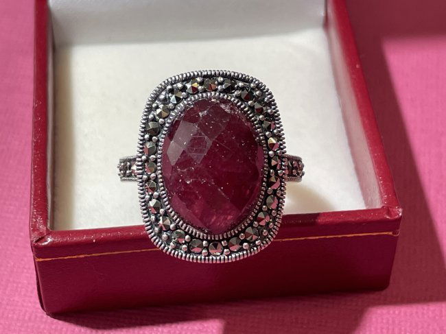 Vintage Sterling Silver Ruby Red Tourmaline Marcasite Ring Size-9... (1 of 5)