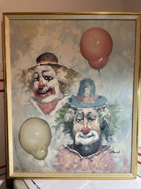 Nice Vintage Oil on Canvas Painting by William Moninet of Clowns Frame Size 17" x 21" (1 of 4)