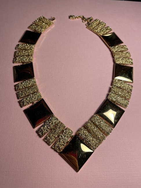 Vtg Monet 1972 V-Shaped Collar Gold-toned Necklace; Signed Measures Approx.16": Vintage Monet 1972 V-Shaped Collar Gold-toned Necklace; Signed Measures Approximately 16" with 2" Extending Chain and 1" Width. Preowned in VG Condition. $7 Domestic Shipping. $25 International Shippi