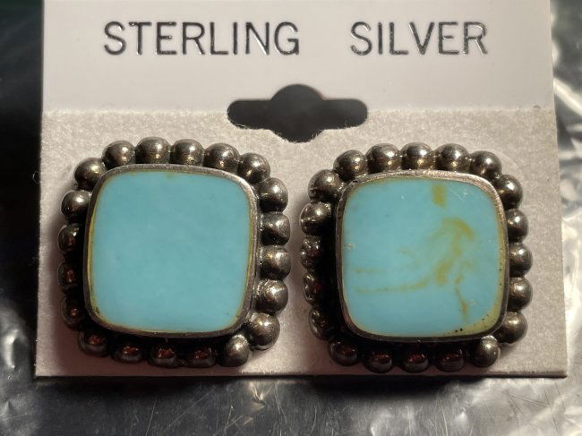 Vtg Native American Sterling Silver Turquoise Stud Earrings Signed FAS Preowned as Pictured (1 of 3)