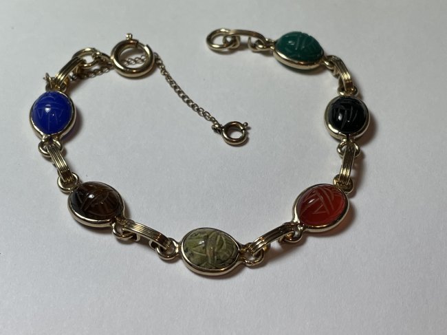 Vintage Dainty 12k Gold Filled Scarab Carved Multi Gemstone Bracelet 6.5" Long Preowned (1 of 7)