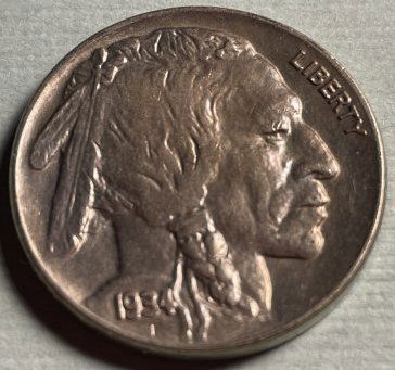 1934-P BUFFALO NICKEL TONED FROM A DANSCO ALBUM SET. (1 of 2)