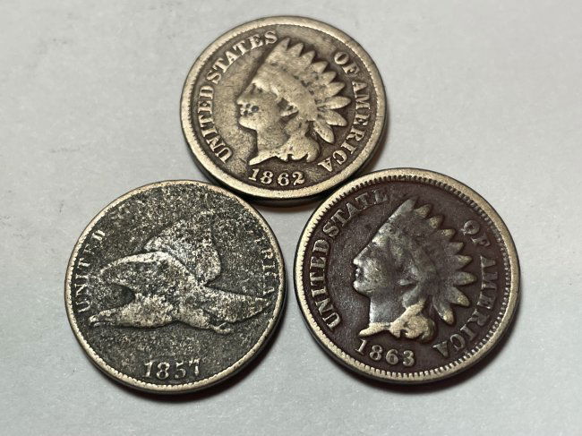 1857 Flying Eagle Cent & 1862, 1863 Copper Nickel Indian Cents as Pictured. (1 of 2)