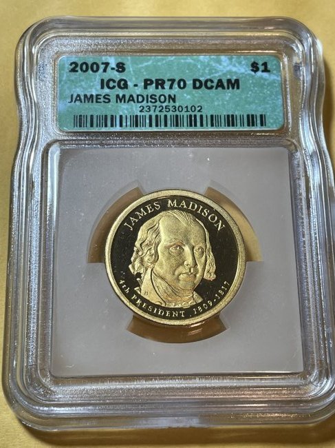ICG Certified James Madison 2007-S Proof-70 Deep Cameo Gold-tone Dollar Coin. (1 of 2)