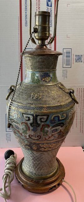 Antique Early 1900's Japanese Enameled Champleve Vase Lamp on a Wooden Base (1 of 9)
