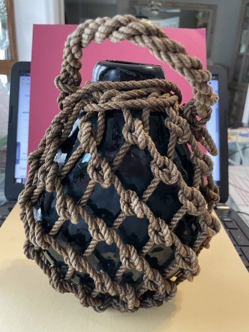 Antique Hand Blown Knotted Amber Glass Flask w/Inscribed Naval Cross Base... (1 of 8)