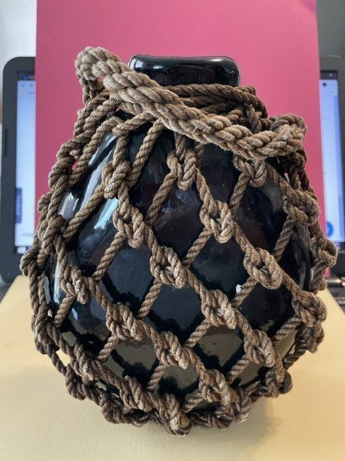 Antique Hand Blown Knotted Amber Glass Flask w/Inscribed Naval Cross Base (1 of 7)