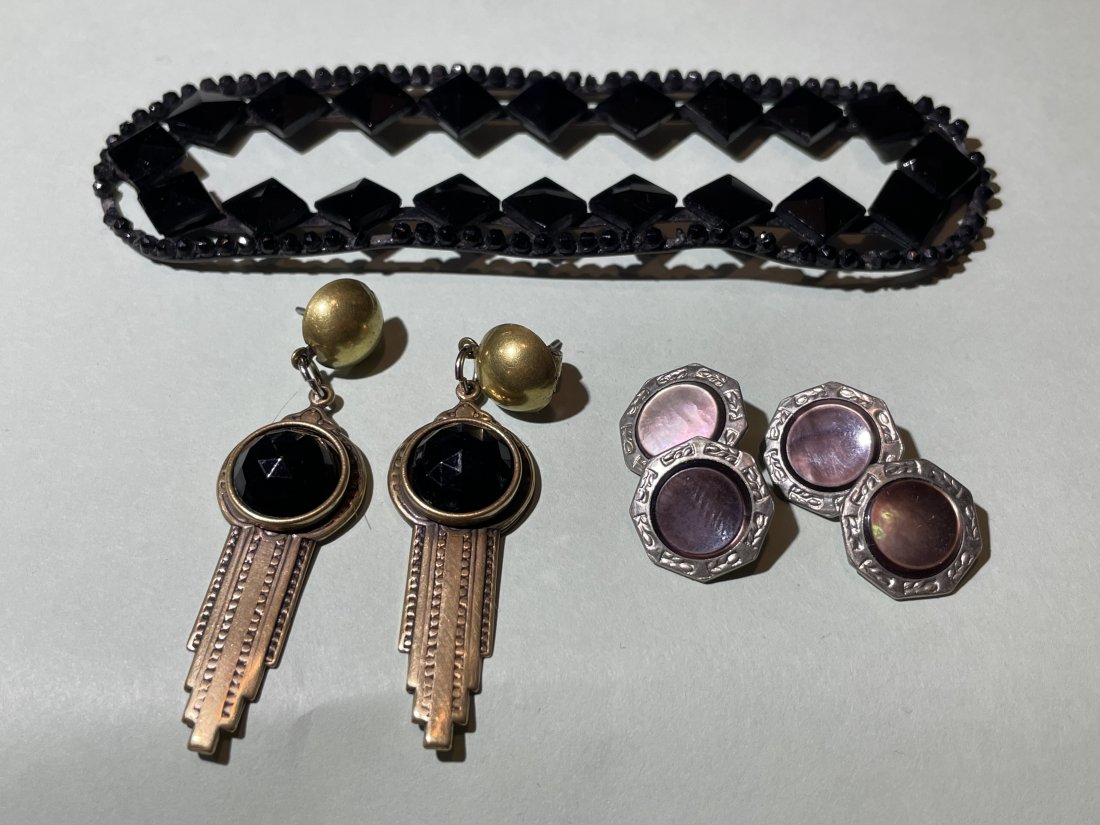 Antique Lot of Deco Earrings, Victorian Cufflinks, Jet Black Hair or Belt Braid Piece... (1 of 5)