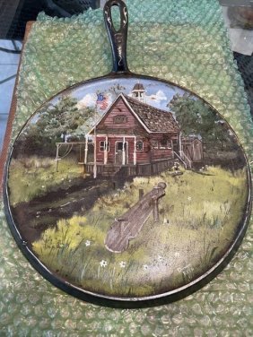 Antique Folk Art Painted Griswald #9 Skillet Pan of 1903 Schoolhouse by Donna Keen Artist: Antique Folk Art Painted Griswald #9 Skillet Pan of 1903 Schoolhouse by Donna Keen Artist in Good Condition Preowned from an Estate Cleanout. $20 Domestic Shipping. No International Shipping.