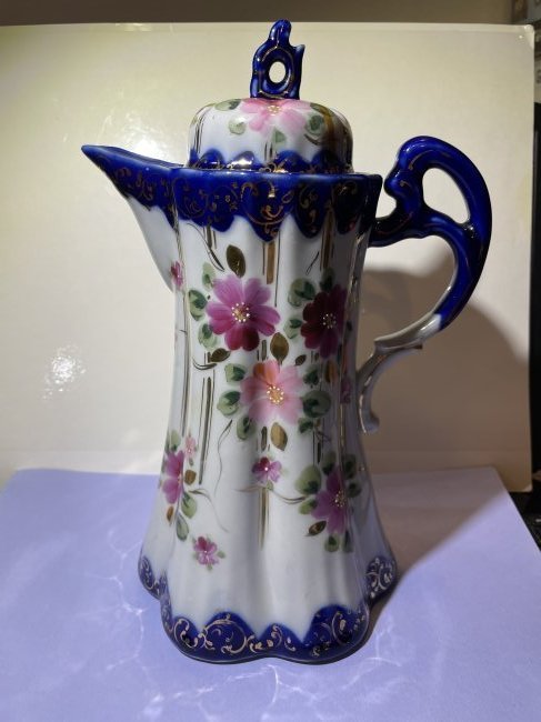 Antique Unmarked Nippon HandPainted Chocolate Pot, Cobalt, & Florals Design 10" Tall w/Lid (1 of 9)