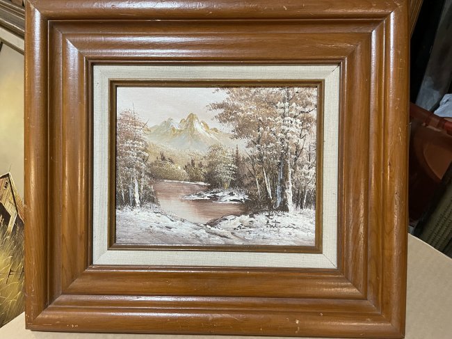ANTONIO Oil on Artist Board Stream Landscape Painting Frame Size 15.5" x 18" Preowned (1 of 4)