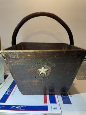 Huge Primitive Lonestar Grain Company Wooden Carry Bucket 17"W x 17"W x 12.25"H x 19.75" Top Handle: Huge Primitive Lonestar Grain Company Wooden Carry Bucket 17"W x 17"W x 12.25"H x 19.75" Top Handle. Great Primitive Piece. Local Pickup Only Berlin, NJ 08009 or The UPS Store Shipping Paid for by the
