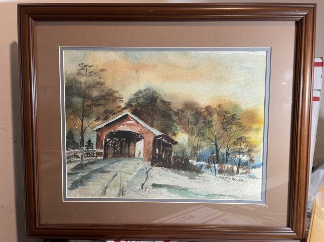 Mildred Hossler Covered Bridge Watercolor Artwork Frame Size 18" x 21.5"...: Mildred Hossler Covered Bridge Watercolor Artwork Frame Size 18" x 21.5" Known Pennsylvania Artist Preowned from an Estate. $20 Domestic Shipping