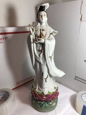 Antique Chinese 15.5" Heavy Stoneware Lotus Blossom Figurine Very Scarce Signed Base (1 of 9)