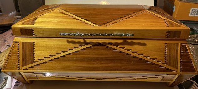 Vintage Tramp Art Wooden Jewelry Box w/Mirror in Good Preowned Condition 15" x 9" x 5"... (1 of 8)