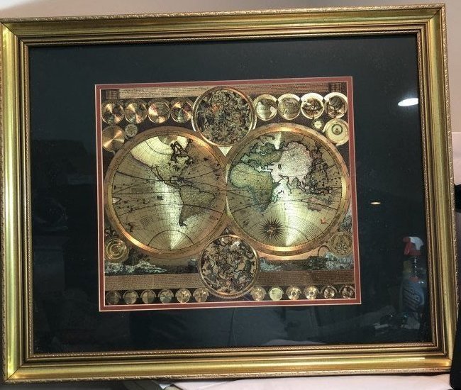 Vintage GOLD FOIL WORLD MAP DOUBLE HEMISPHERE 25x31 FRAMED Wall Hanging: Vintage Huge GOLD FOIL WORLD MAP DOUBLE HEMISPHERE 25x31 FRAMED Wall Hanging in a Gorgeous Gold Leaf Frame in VG Condition. Local Pickup Only in Berlin NJ 08009 or UPS Store Shipping Paid for by the W