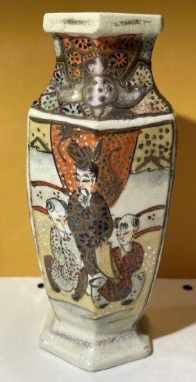 Japanese 19th Century STONEWARE Hexagon Shaped Hand Painted Satsuma Style Bud Vase 6" Tall (1 of 13)