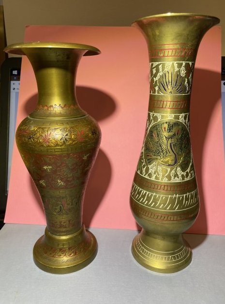 2-Vintage Solid Brass Etched Vases Made in India Preowned from an Estate. (1 of 6)