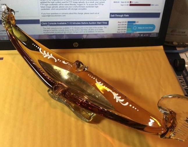 Vintage Mid Century Amber Color Art Glass Gondola 13" Ashtray Preowned from an Estate: Vintage Mid Century Amber Color Art Glass Gondola 13" Ashtray Preowned from an Estate. $15 Domestic Shipping.