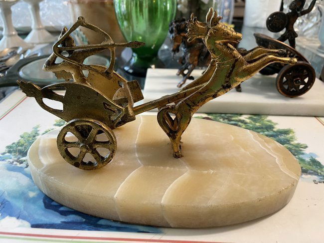 Vintage Brass Chariot Horses Metal Statue Sculpture w/Marble Base 9" x 5" Made in Greece (1 of 8)