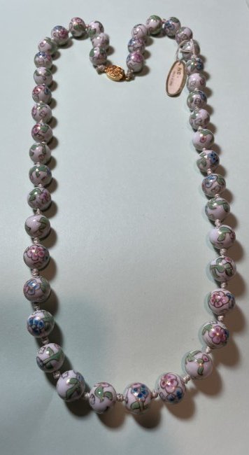 Chinese Vtg Never Worn Hand Painted Porcelain Bead Necklace 26" Long with Silver Clasp (1 of 7)