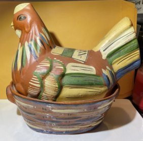 Vtg/Antique Mexican Folk Art Terra-cotta/Redware Covered Hen Bowl Hand Made & Painted w/Cover (1 of 10)