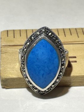 Vintage Sterling Silver Marcasite Fashion Blue Stone Ring Size-8 Preowned from an Estate. (1 of 4)