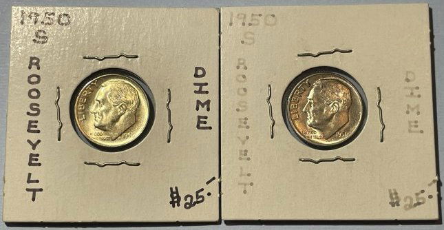 (2) 1950-S Uncirculated Condition Roosevelt Silver Dimes as Pictured. (1 of 4)