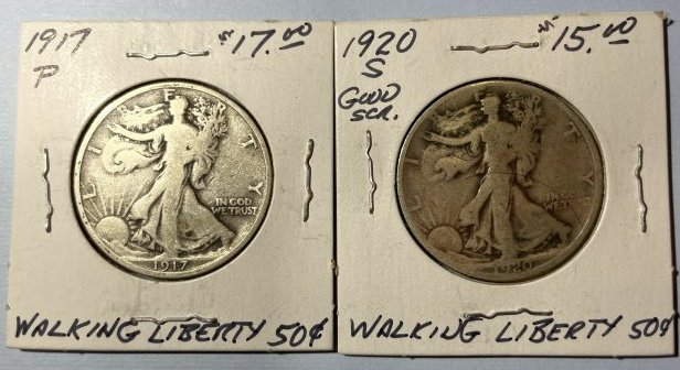 1917-P & 1920-S Circulated Condition Walking Liberty Silver Half Dollars as Pictured. (1 of 5)