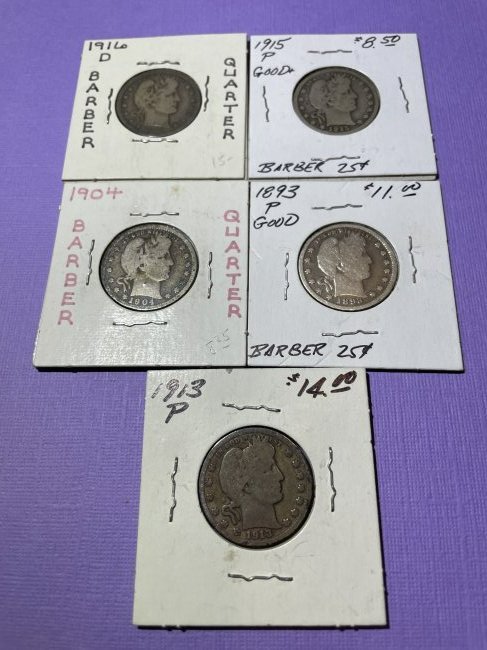 (5) Different Dates Circulated Conditions Barber Silver Quarters as Pictured. (1 of 2)