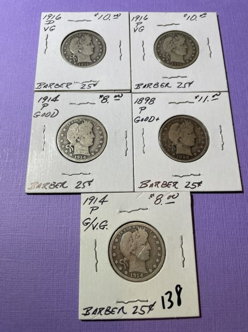 (5) Different Dates Circulated Conditions Barber Silver Quarters as Pictured. (1 of 2)