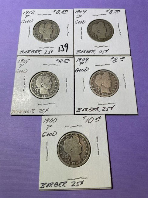 (5) Different Dates Circulated Conditions Barber Silver Quarters as Pictured. (1 of 2)