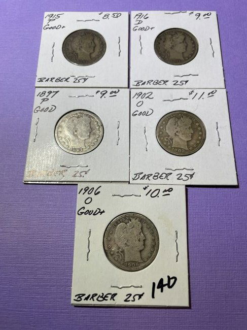 (5) Different Dates Circulated Conditions Barber Silver Quarters as Pictured. (1 of 2)
