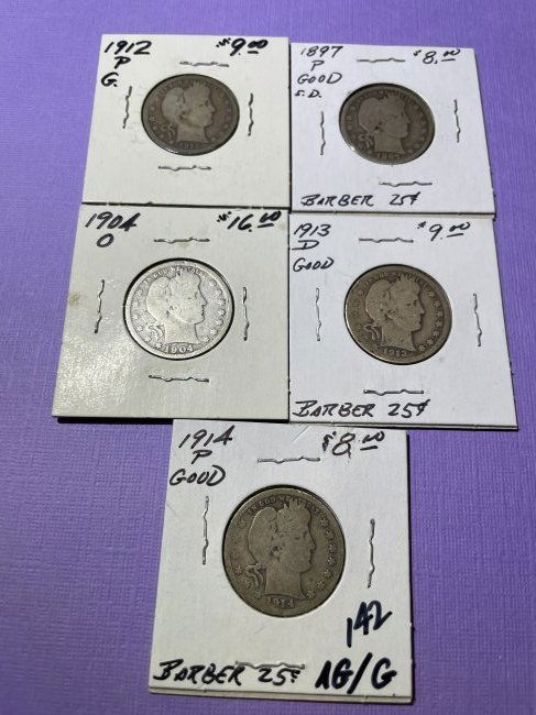 (5) Different Dates Circulated AG/Good Conditions Barber Silver Quarters as Pictured (1 of 2)