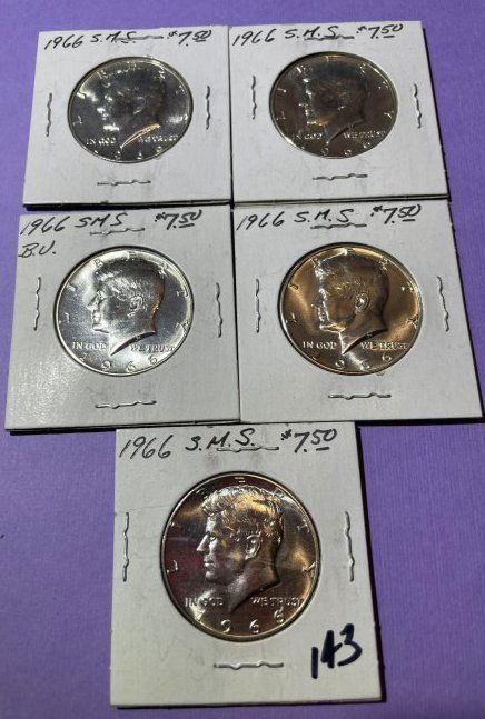 (5) 1966 SMS Choice BU Kennedy Silver Half Dollars as Pictured. (1 of 2)