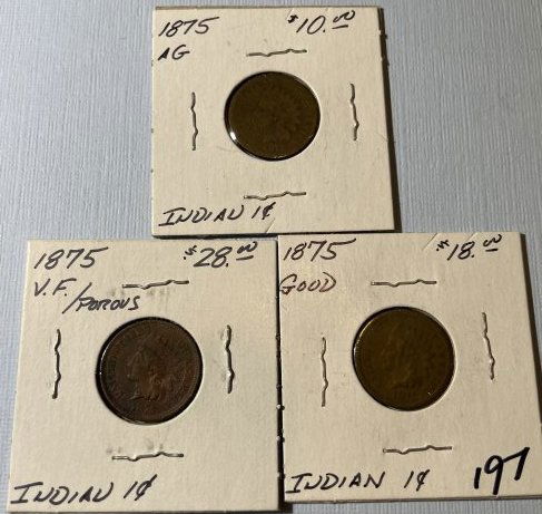 (3) 1875 AG-VG Circulated Conditions Indian Head Cents as Pictured. (1 of 5)