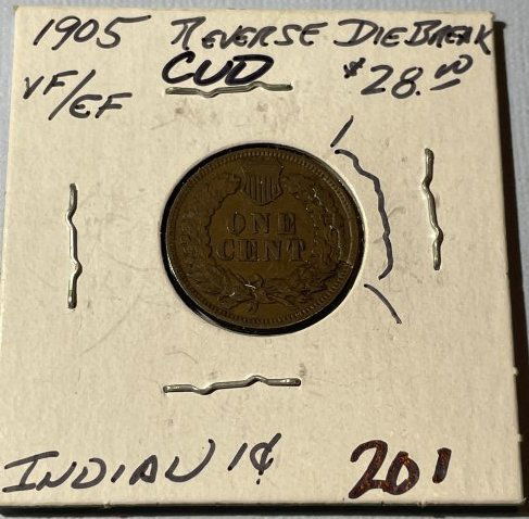 1905 Reverse Die Break CUD ERROR Nice Circulated VF/EF Condition Indian Head Cent as Pic'd (1 of 4)