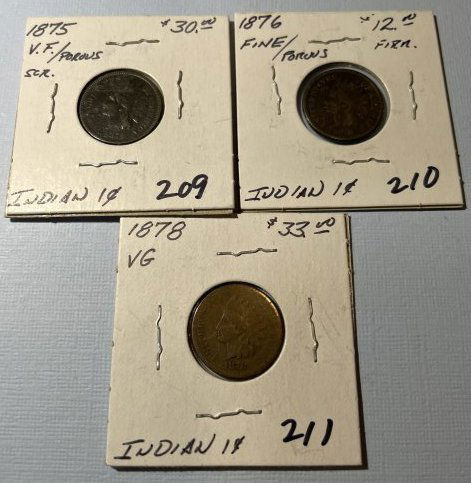 1875, 1876, 1878 Circulated Conditions Indian Head Cents as Pictured. (1 of 5)