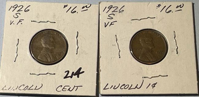 (2) 1926-S VF Circulated Condition Lincoln Cents as Pictured. (1 of 6)