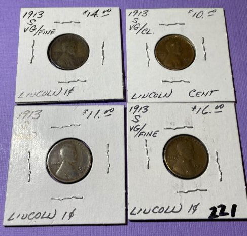 (4) 1913-S Circulated Conditions Lincoln Cents as Pictured. (1 of 6)
