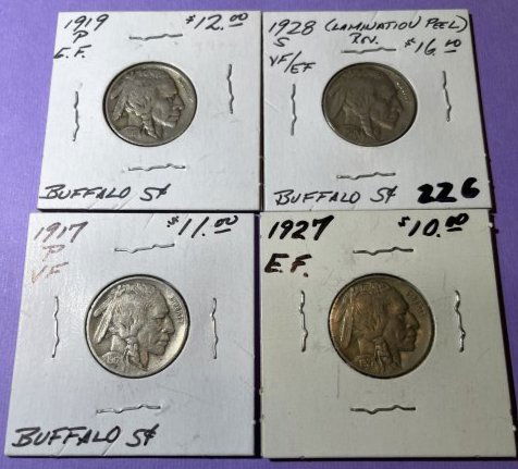 1917-P, 1919-P, 1927-P, 1928-S VF/EF Circulated Conditions Buffalo Nickels as Pictured. (1 of 4)