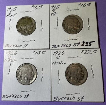 (2) 1925-S, (2) 1926-S AG-VERY GOOD Circulated Conditions Buffalo Nickels as Pictured (1 of 6)
