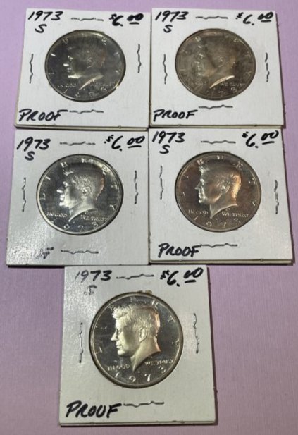 (5) 1973-S PROOF CLAD KENNEDY HALF DOLLARS AS PICTURED. (1 of 2)