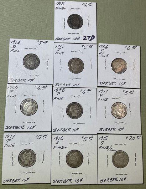 (10) FINE or Better Circulated Conditions Barber Silver Dimes as Pictured. (1 of 5)