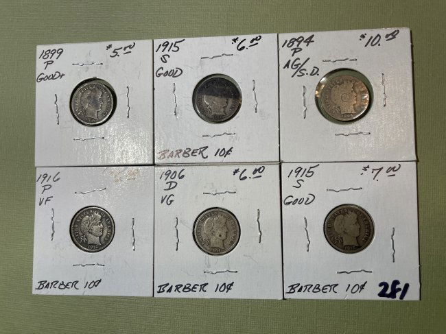 (6) AG-FINE Circulated Conditions Barber Silver Dimes as Pictured. (1 of 5)